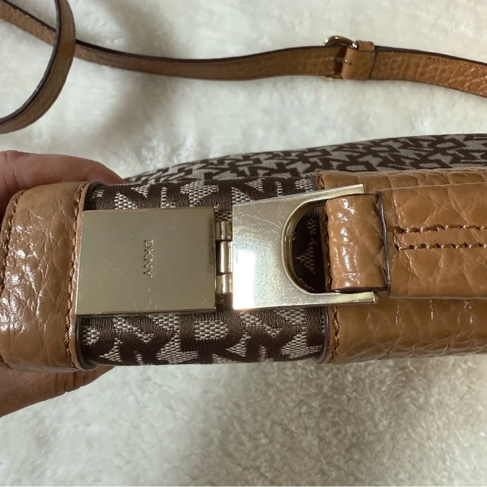 DKNY Tan Genuine Leather and Fabric Crossbody Handbag